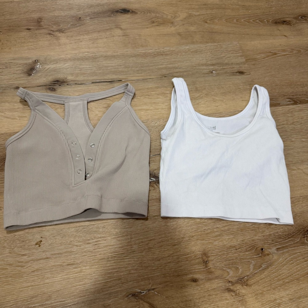 Pro-Fit Seamless Ribbed Crop Top Bundle Tan Henley Racerback and White Tank L M